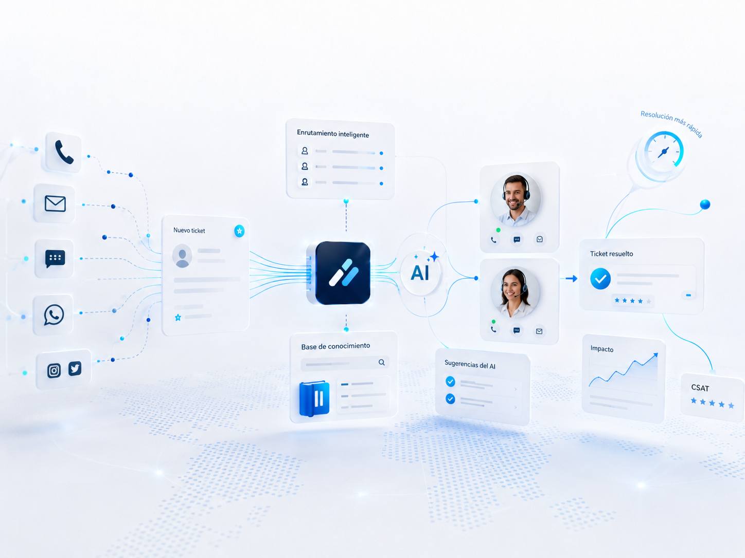 Help desk con IA aplicada: tickets, enrutamiento inteligente, base de conocimiento y asistencia al agente